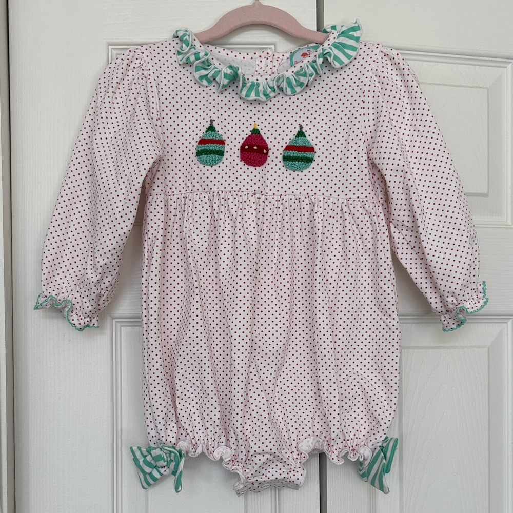 Red Polka Dot Toddler Smocked Bubble with Ruffle Collar and Ornaments